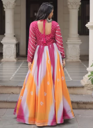 Faux Georgette  Designer Gown with Bandhej, Gamthi, Mirror and Print Work
