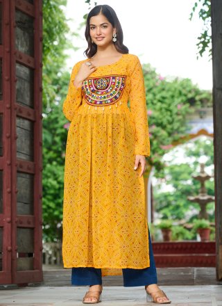 Faux Georgette Designer Kurti with Bandhej, Patch Border and Print Work