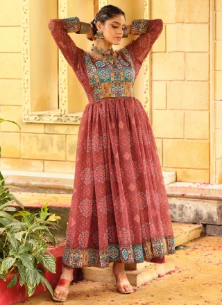 Faux Georgette Gown In Brown Colour