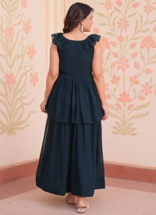 Faux Georgette Gown In Green and Teal Color