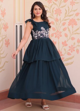 Faux Georgette Gown In Green and Teal Color