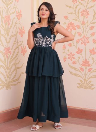 Faux Georgette Gown In Green and Teal Color