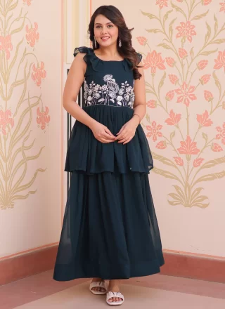 Faux Georgette Gown In Green and Teal Color