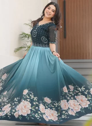 Faux Georgette Gown with Beads, Embroidered and Floral Patch Work