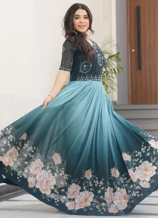 Faux Georgette Gown with Beads, Embroidered and Floral Patch Work