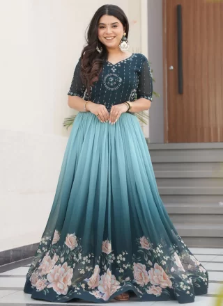 Faux Georgette Gown with Beads, Embroidered and Floral Patch Work