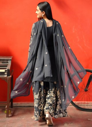 Faux Georgette Palazzo Salwar Suit In Black Colour