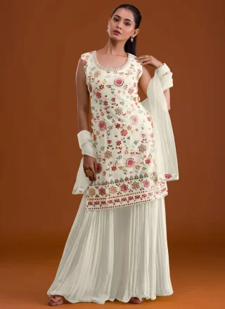 Faux Georgette Palazzo Salwar Suit In White