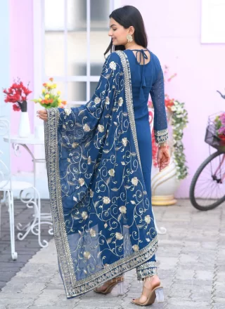 Faux Georgette Readymade Salwar Suit In Blue Color
