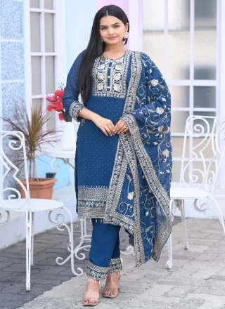 Faux Georgette Readymade Salwar Suit In Blue Color