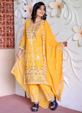 Faux Georgette Straight Salwar Suit In Yellow Color