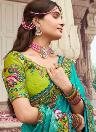 Firozi and Green Silk Traditional Saree with Cut, Embroidered and Stone Work for Ceremonial