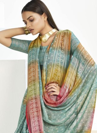 Firozi and Grey Silk Contemporary Sari with Print Work