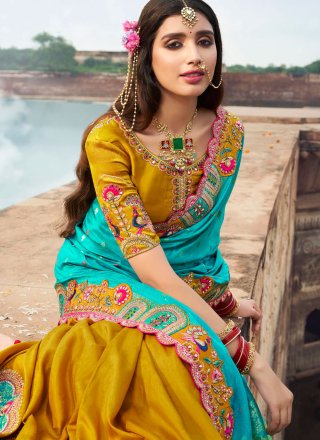 Firozi and Mustard Silk Cut, Embroidered, Mirror, Sequins, Woven and Zari Work Traditional Saree