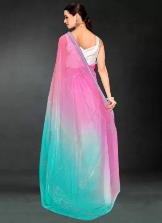 Firozi and Pink Silk Trendy Saree with Swarovski Work for Casual