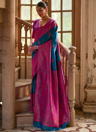 Firozi Banarasi Silk Traditional Saree with Woven and Zari Work