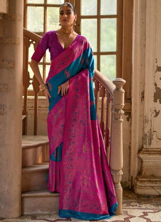 Firozi Banarasi Silk Traditional Saree with Woven and Zari Work