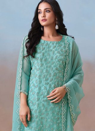 Firozi Beads, Embroidered and Sequins Work Chiffon Salwar Suit