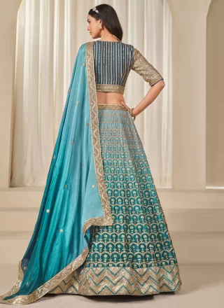 Firozi Chinon A - Line Lehenga Choli with Embroidered, Sequins, Thread and Zari Work