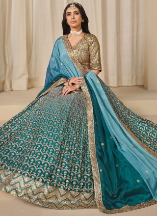 Firozi Chinon A - Line Lehenga Choli with Embroidered, Sequins, Thread and Zari Work