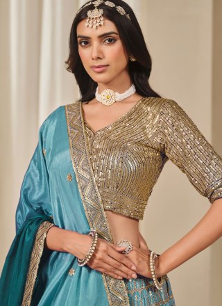 Firozi Chinon A - Line Lehenga Choli with Embroidered, Sequins, Thread and Zari Work