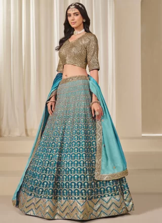 Firozi Chinon A - Line Lehenga Choli with Embroidered, Sequins, Thread and Zari Work