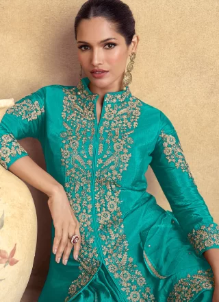 Firozi Chinon Palazzo Salwar Suit with Embroidered, Sequins and Zari Work for Engagement