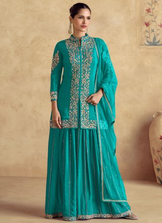 Firozi Chinon Palazzo Salwar Suit with Embroidered, Sequins and Zari Work for Engagement