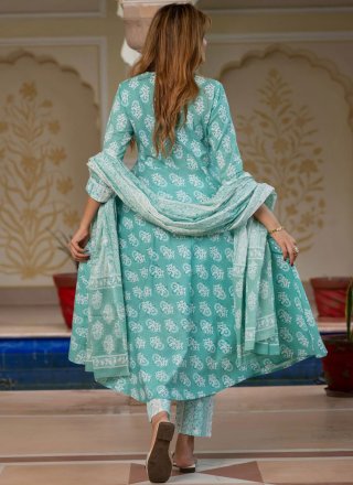 Firozi Cotton Fancy and Print Work Salwar Suit