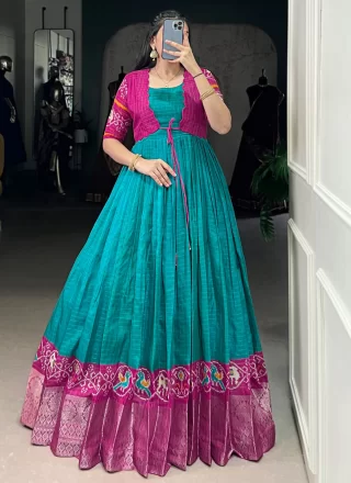 Firozi Fancy Fabric Patola Print and Weaving Work Gown