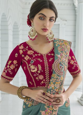 Firozi Georgette Cord, Diamond, Embroidered, Moti, Sequins and Thread Work Classic Sari