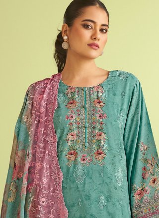 Firozi Muslin Embroidered, Floral Patch, Resham and Thread Work Salwar Suit