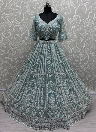 Firozi Net Embroidered, Fancy, Floral Patch, Hand, Moti and Sequins Work Readymade Lehenga Choli for Women