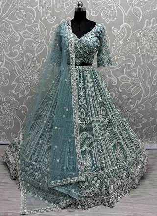 Firozi Net Embroidered, Fancy, Floral Patch, Hand, Moti and Sequins Work Readymade Lehenga Choli for Women