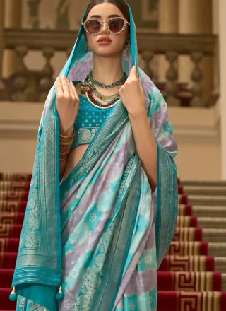 Firozi Satin Print and Weaving Work Classic Saree for Women