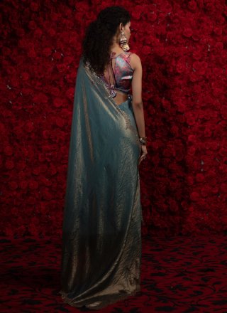 Firozi Satin Silk Trendy Saree with Zircon Work for Ceremonial