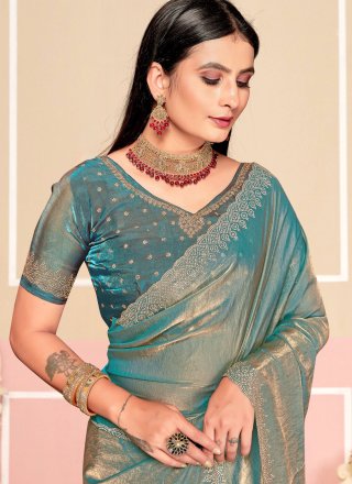 Firozi Satin Silk Zircon Work Classic Sari for Party