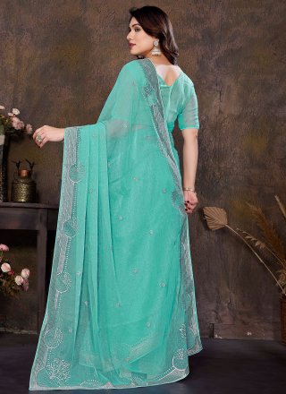 Firozi Shimmer Embroidered, Stone and Zari Work Traditional Saree