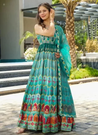 Firozi Silk Designer Gown with Digital Print Work