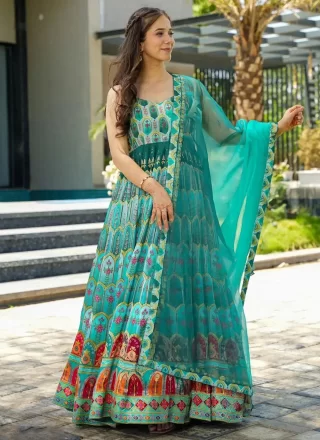 Firozi Silk Designer Gown with Digital Print Work