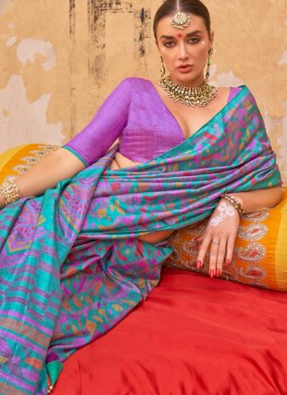 Firozi Silk Designer Sari with Fancy and Print Work
