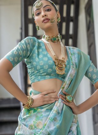 Firozi Silk Floral Patch, Woven and Zari Work Classic Sari
