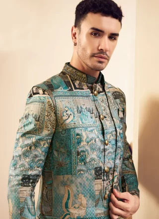 Firozi Silk Foil Print and Hand Work Indo Western