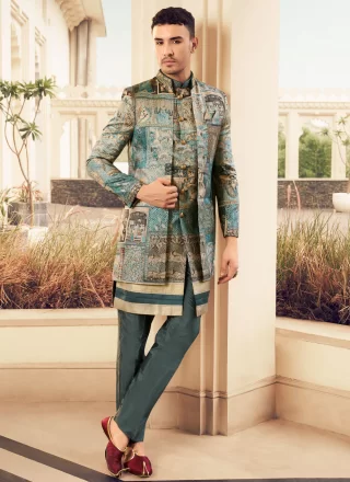 Firozi Silk Foil Print and Hand Work Indo Western