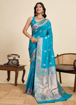 Firozi Silk Jacquard and Woven Work Trendy Saree