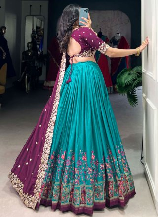 Firozi Tussar Silk Lehenga Choli with Floral Patch and Foil Print Work