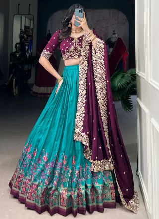 Firozi Tussar Silk Lehenga Choli with Floral Patch and Foil Print Work