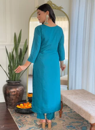 Firozi Viscose Embroidered and Print Work Salwar Suit