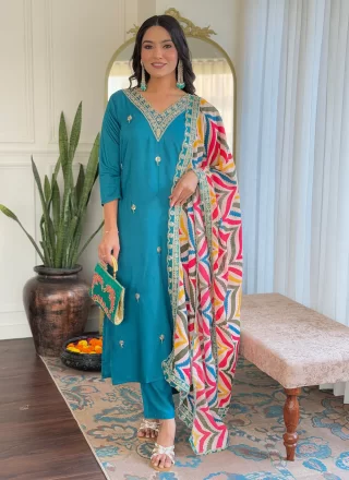 Firozi Viscose Embroidered and Print Work Salwar Suit