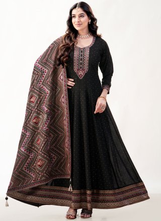 Flattering Black Silk Designer Gown with Embroidered Work